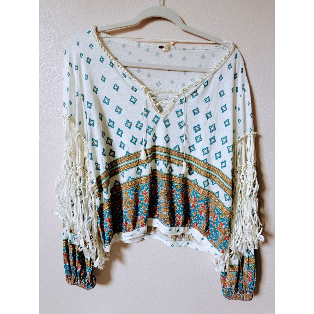 Boho Fringe Bell Sleeve Blouse – Size Small, Oversized Fit